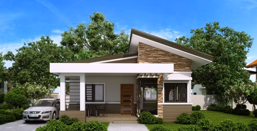 Nhà mái lệch kết hợp những viên gạch nhìn như nét hoang sơ của đá trên tường tạo sự đột phá mà gần gũi. Ảnh: ĐTA.