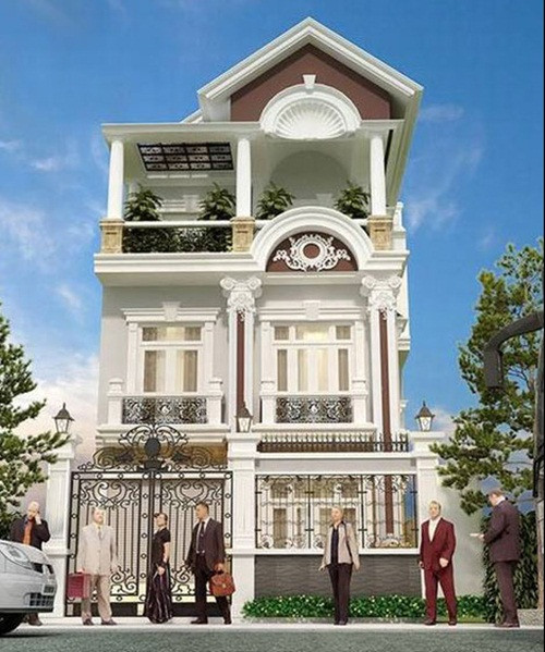 Hệ thống trụ cột chắc chắn và mái thái quen thuộc giúp ngôi nhà phố tân cổ điển mang sức hút mãnh liệt. Ảnh: Arhome.