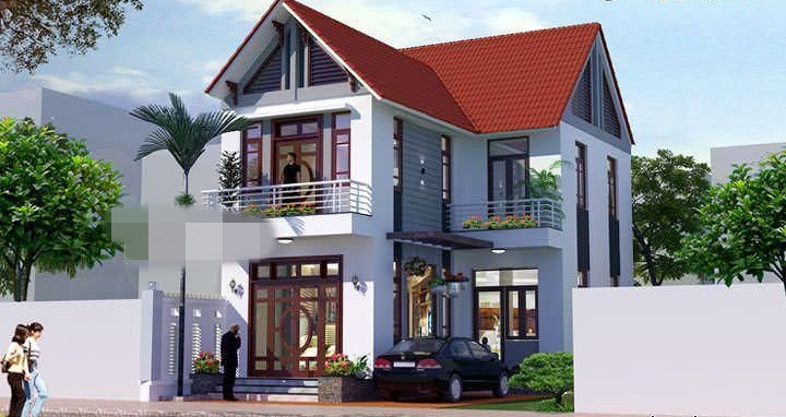 Nhà 2 tầng chữ L phong cách hiện đại với sự kết hợp của chất liệu kính, hệ thống lan can sắt và mái ngói dốc đỏ tươi đầy cuốn hút. Ảnh: Vinavic.