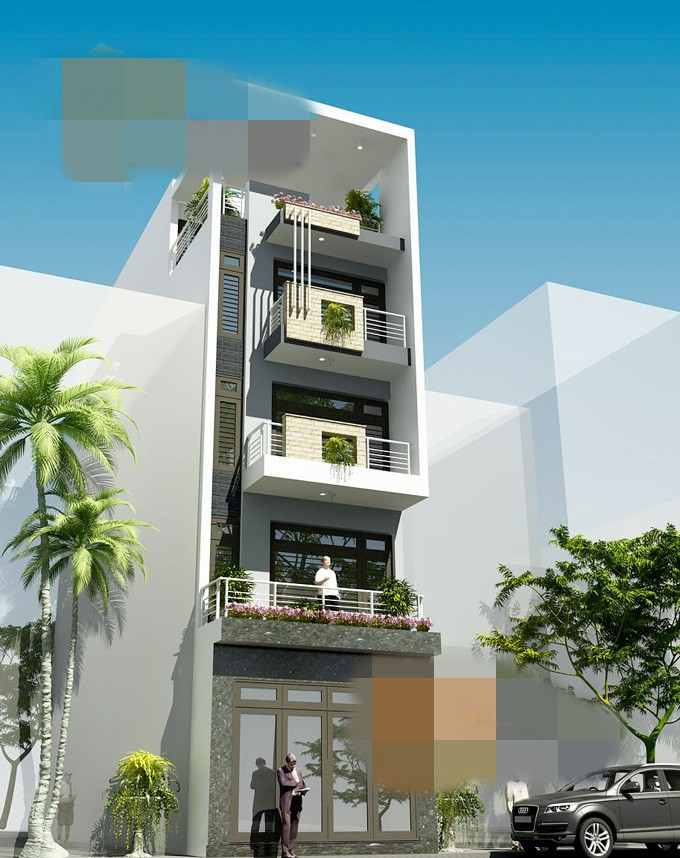 Công trình nhà 5 tầng hiện đại được tạo hình với kiểu dáng vuông vắn. Ảnh: Kientaoviet.