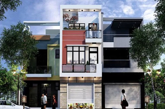 Nhà 2 tầng 1 tum sử dụng cửa cuốn tự động do đất mặt tiền nên không làm cổng. Ảnh: Thietkenhadepmoi.