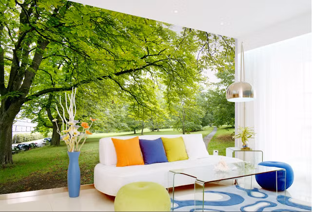 Họa tiết giấy dán tường thiên nhiên tạo cảm giác mở rộng và thư giãn cho căn phòng. Ảnh: Ngoinhaxanh.