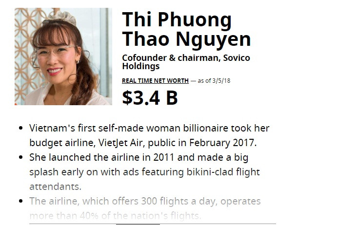 3,4 tỷ USD là tài sản mới nhất của bà Nguyễn Thị Phương Thảo. Ảnh: Forbes.