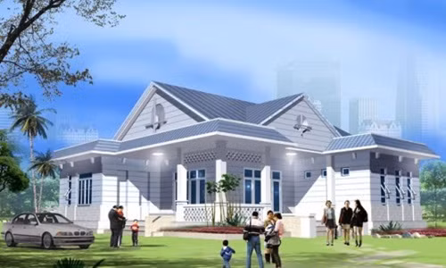 Biệt thự vườn mái thái có phần sảnh tiếp khách được chia làm đôi với 2 cửa ra vào cho phòng khách. Ảnh: Thietkethicongnhadep.