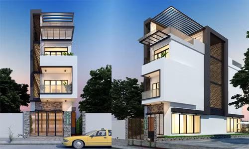 Nhà phố 3 tầng 1 tum thiết kế hiện đại, có diện tích để trồng cây cảnh làm không gian thêm phần thanh sạch. Ảnh: Arcviet.