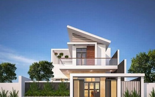  Biệt thự phố nổi bật với các hình khối phi đối xứng, sử dụng vật liệu công nghệ mới như gỗ ConWood kết hợp với đá trầm tích màu vàng nhạt. Ảnh: Thietkenhademoi.