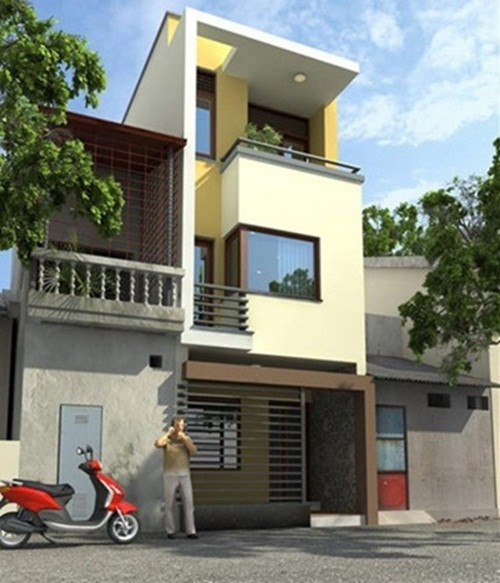 Nhà 3 tầng thiết kế vuông vức, không sử dụng họa tiết trang trí cầu kỳ để giảm tối đa chi phí xây dựng. Ảnh: Thauxaydungdn.