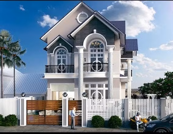 Ngôi nhà ấn tượng với hệ mái thái kép, trụ cột tròn. Ảnh: Kientrucsuvietnam.