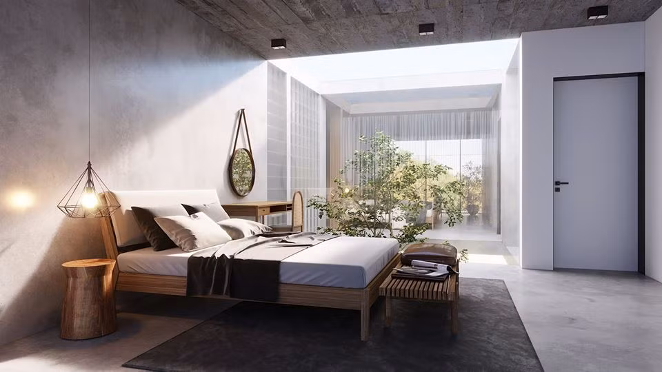 Trên nền gam màu xám của tường, trần và sàn, nội thất gỗ tạo cảm giác ấm áp.