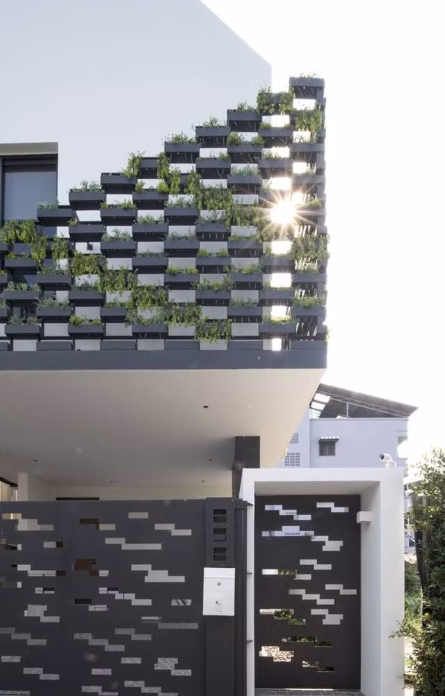 Các chậu cây làm giảm tốc độ gió dọc theo mặt tiền, giúp cho bức tường luôn mát mẻ.