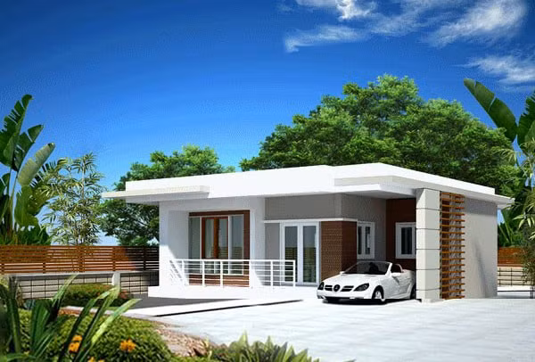 Mẫu nhà cấp 4 mái bằng có gara để xe hơi sang trọng.