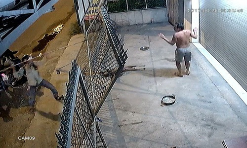 Một người dân ở Củ Chi bị đối tượng trộm chó cầm chĩa điện hù dọa khi phát hiện con chó trong nhà bị đối tượng này dùng điện chích chết - Ảnh cắt từ camera