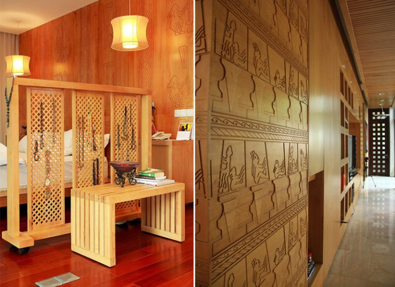 Ấn tượng nhất là nội thất ốp gỗ với hoạ tiết của trống đồng Việt Nam...