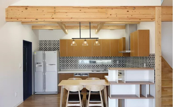 Phòng bếp nhỏ gọn, hiện đại, sử dụng đèn điện làm điểm nhấn chính.