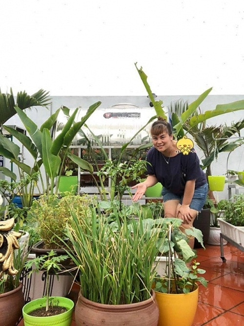 Dù bận rộn với công việc buôn bán vật tư như chị Phạm Hà (Hải Phòng) vẫn dành nhiều thời gian chăm sóc vườn rau bốn mùa trên sân thượng. Ảnh: DSPL.