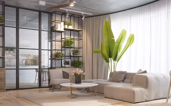 Trần nhà với kết cấu bê tông phối cùng sàn gỗ nhẹ nhàng mang đến sự cân bằng thú vị.