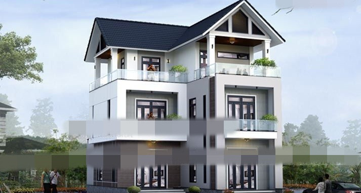 Mái thái màu xanh nổi bật cùng lan can kính trong suốt là điểm nhấn của ngôi nhà 3 tầng. Ảnh: Vinavic.