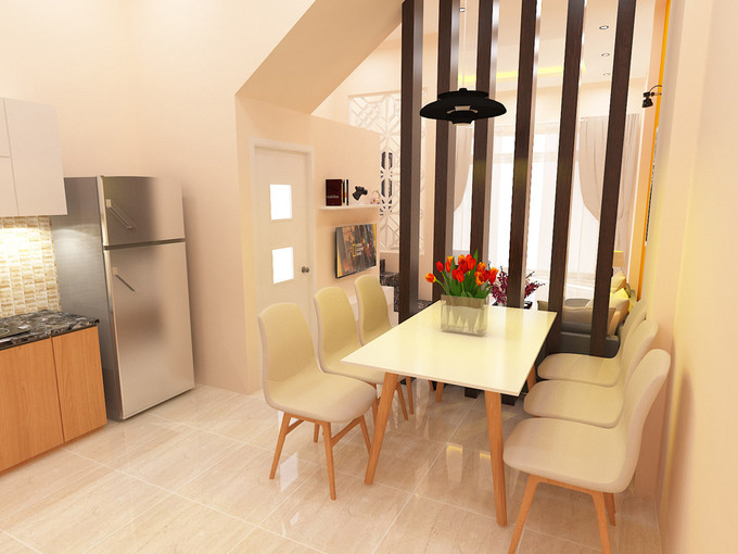 Phòng bếp thiết kế gọn gàng với gạch ốp tường màu vàng nâu.