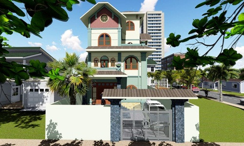 Mặt tiền đẹp thanh thoát với gam màu xanh nhạt kết hợp ngói nâu sang trọng. Ảnh: Kisato.