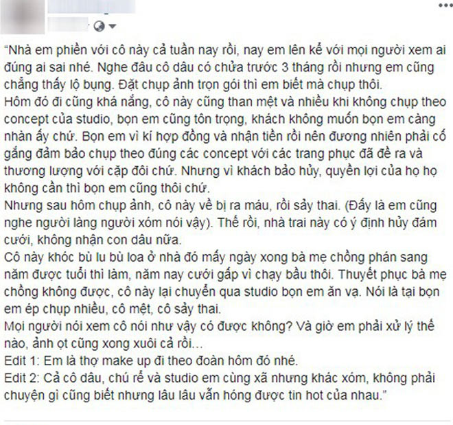 Câu chuyện cô dâu "ăn vạ" studio chụp ảnh cưới đang thu hút sự quan tâm của dân mạng