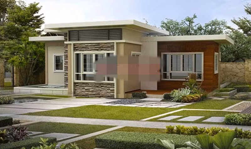 Mặt tiền ngôi nhà ấn tượng với vật liệu đá ốp và cửa sổ nhôm kính sang trọng. Ảnh: Angcovat.