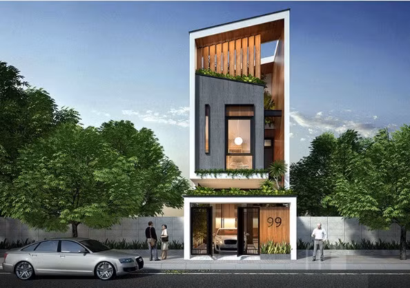 Nhà mái bằng thiết kế hiện đại với mặt tiền xanh ngắt. Ảnh: Angcovat.