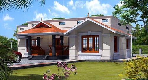 Nhà mái bằng 1 tầng cách tân với phần hiên phía trước là mái ngói đỏ vừa tạo tính thẩm mỹ vừa có tác dụng che nắng mưa. Ảnh: Internet.