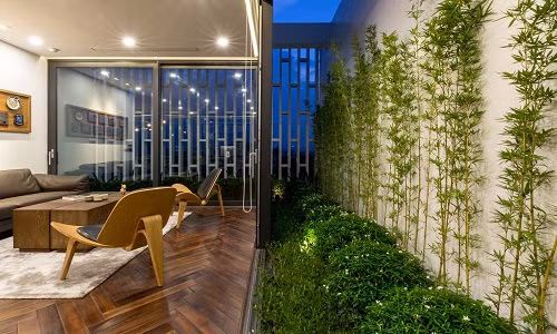 Bức tường khô cứng trở nên mềm mại nhờ hàng trúc xanh mướt mắt.