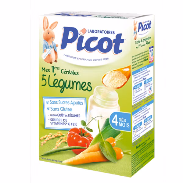 Picot Mes 1ères céréales 5 fruits 200 g là bột ngũ cốc ăn dặm dành cho trẻ từ 4 tháng tuổi. Sản phẩm có thể hòa vào nước hoặc sữa ấm. Ảnh: Pharmarket.