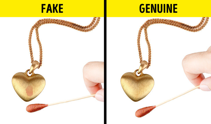 i-ốt cũng là cách để kiểm tra vàng thật hay giả. Nếu vết bẩn còn sót lại trên vật phẩm sau khi thử nghiệm thì sản phẩm đó là đồ giả hoặc hợp kim.