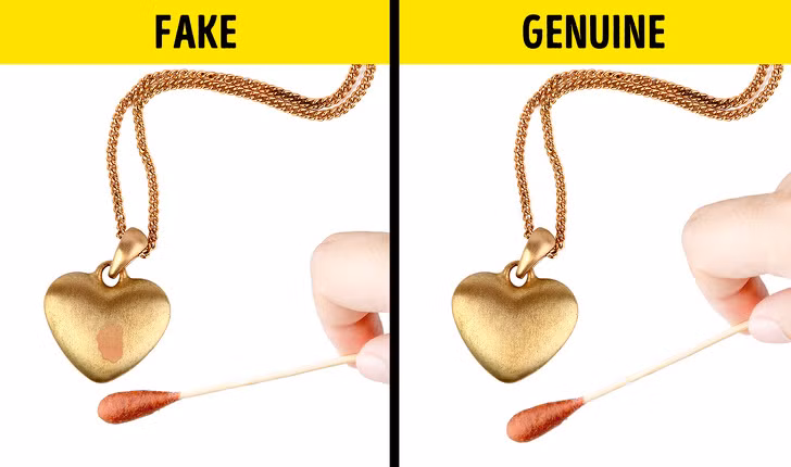 i-ốt cũng là cách để kiểm tra vàng thật hay giả. Nếu vết bẩn còn sót lại trên vật phẩm sau khi thử nghiệm thì sản phẩm đó là đồ giả hoặc hợp kim.