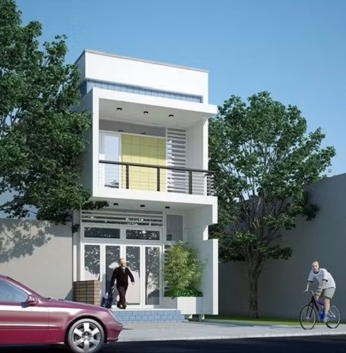 Với kiểu nhà ống 2 tầng hiện đại, bạn có thể thiết kế trên diện tích 30m2, sử dụng kính cửa sổ, lan can ban bằng sắt. Ảnh: Internet.