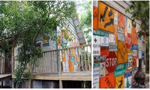 Tác giả của ngôi nhà sặc sỡ này đã kỳ công thu thập những biển báo giao thông bỏ đi để tạo thành bức tường đầy nghệ thuật. Ảnh: BI.