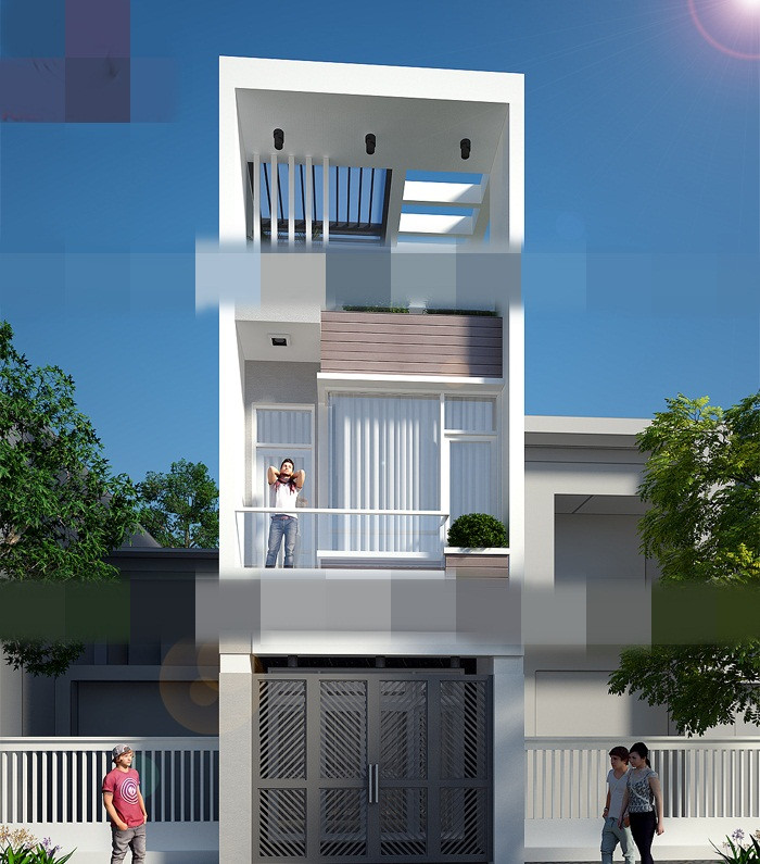 Nhà ống có gara để xe với mặt tiền 5m. Ngoại thất với đường nét đơn giản mà thời thượng. Ảnh: Kienanvinh.