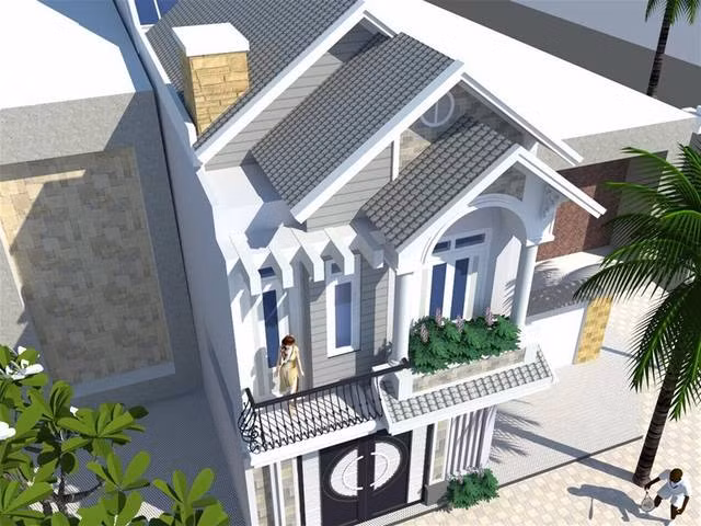 Nhà phố 2 tầng tận dụng ban công để trồng cây xanh. Ảnh: Thanglongarc.