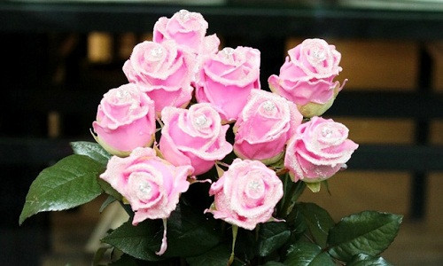 Hoa hồng kim cương được phủ một lớp socola màu hồng, cánh hoa phủ thêm một lớp bột nhũ lấp lánh vô cùng đẹp mắt. Ảnh: Phapluatplus.