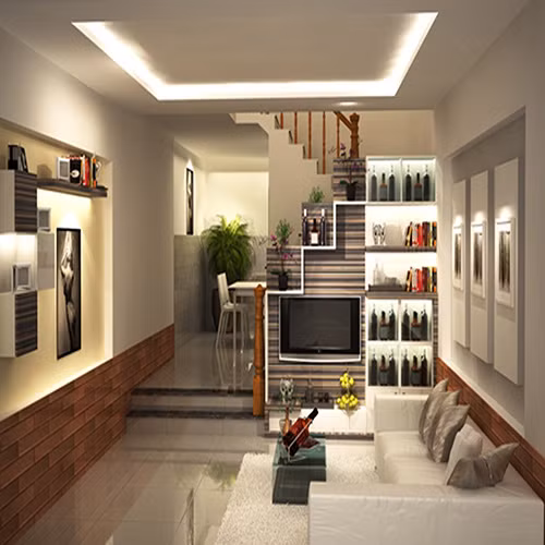 Kệ gỗ trang trí phòng khách vừa đơn giản lại đẹp và tiện nghi. Ảnh: Dbd.