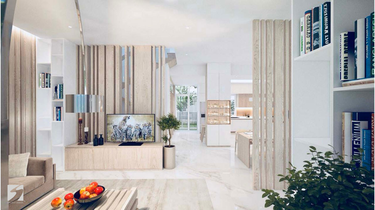 Phòng khách đơn giản với sự phối hợp của nội thất gỗ sồi, sơn trắng.