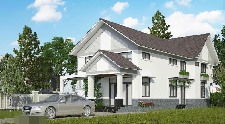 Nhà 2 tầng mái thái đẹp thanh lịch với tông màu trắng chủ đạo và hình khối kiến trúc vuông vắn. Ảnh: Neohouse.