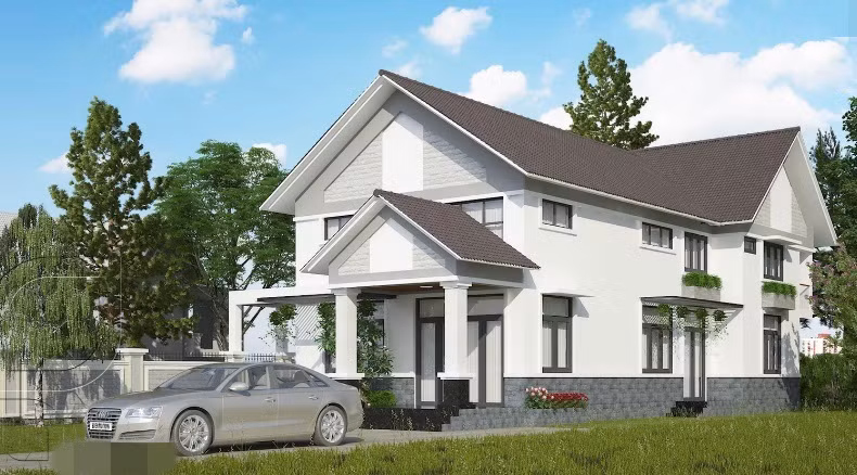 Nhà 2 tầng mái thái đẹp thanh lịch với tông màu trắng chủ đạo và hình khối kiến trúc vuông vắn. Ảnh: Neohouse.