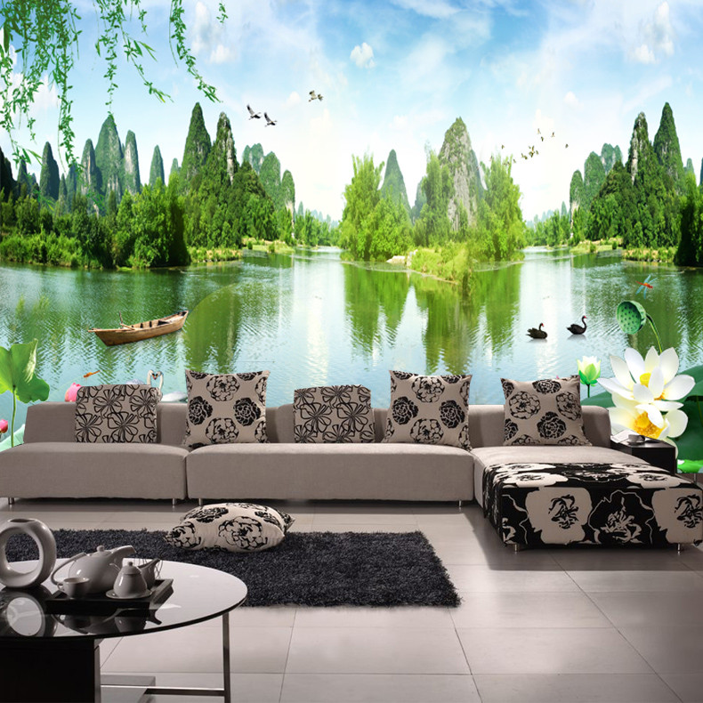 Tranh dán tường phong cảnh mang nét đẹp gần gũi, phóng khoáng của tự nhiên, đánh lừa cảm giác người nhìn khiến phòng khách như rộng, thoáng hơn. Ảnh: Bindo.