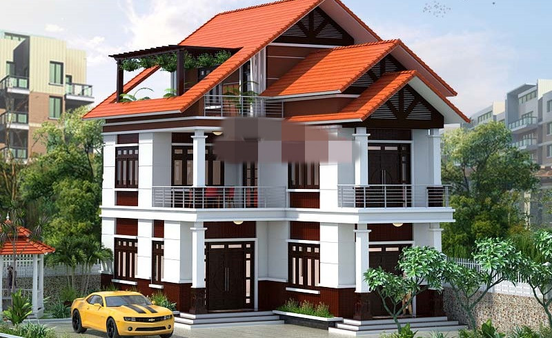 Nhà gác lửng 2 mặt tiền mái ngói đỏ được làm nên bởi hệ thống tường phẳng, cửa gỗ kết hợp với kính khá đơn giản. Ảnh: Angcovat.