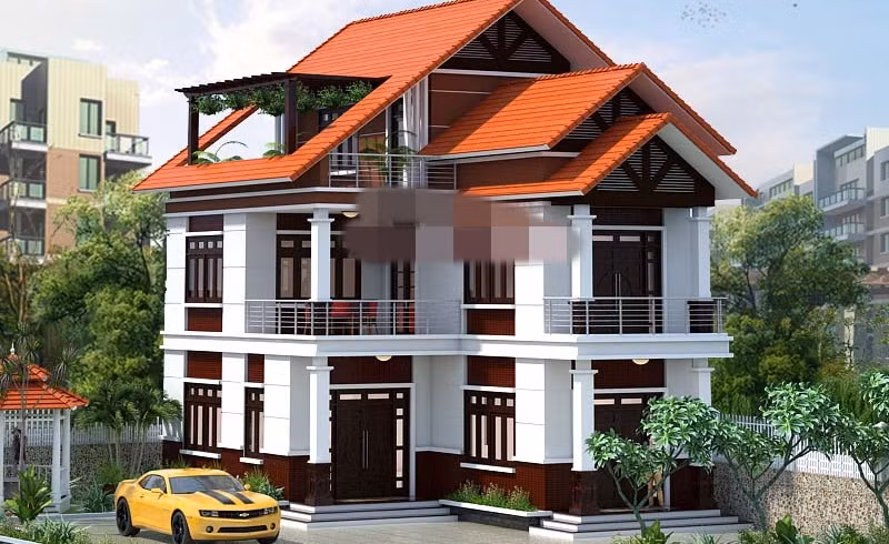 Nhà gác lửng 2 mặt tiền mái ngói đỏ được làm nên bởi hệ thống tường phẳng, cửa gỗ kết hợp với kính khá đơn giản. Ảnh: Angcovat.