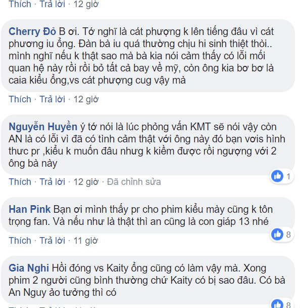 Một fan khác có tên Cherry đỏ thì viết: "Bạn ơi. Tớ nghĩ là Cát Phượng không lên tiếng đâu vì Cát Phương yêu ổng. Đàn bà yêu quá thường chịu hi sinh thiệt thòi.. mình nghĩ nếu không thật sao mà bà kia nói cảm thấy có lỗi mối quan hệ này rồi rồi bỏ tất cả bay về Mỹ, còn ông kia bơ bơ là cái kiểu ổng,với Cát Phượng cũng vậy mà.