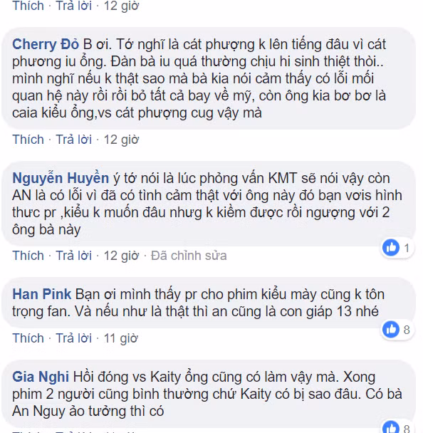 Một fan khác có tên Cherry đỏ thì viết: "Bạn ơi. Tớ nghĩ là Cát Phượng không lên tiếng đâu vì Cát Phương yêu ổng. Đàn bà yêu quá thường chịu hi sinh thiệt thòi.. mình nghĩ nếu không thật sao mà bà kia nói cảm thấy có lỗi mối quan hệ này rồi rồi bỏ tất cả bay về Mỹ, còn ông kia bơ bơ là cái kiểu ổng,với Cát Phượng cũng vậy mà.