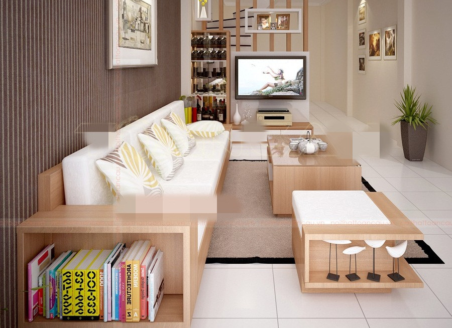 Mẫu bàn ghế nhỏ, chạy dọc chiều dài và chừa ra một lối đi rộng rãi là giải pháp hoàn hảo cho phòng khách nhà ống. Ảnh: Noithattoancau.