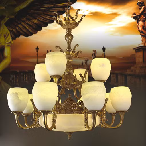 Đèn chùm đồng chao đá mang lại sự quý phái mà vẫn đậm chất thiên nhiên cho căn phòng. Ảnh: Dennhapho.