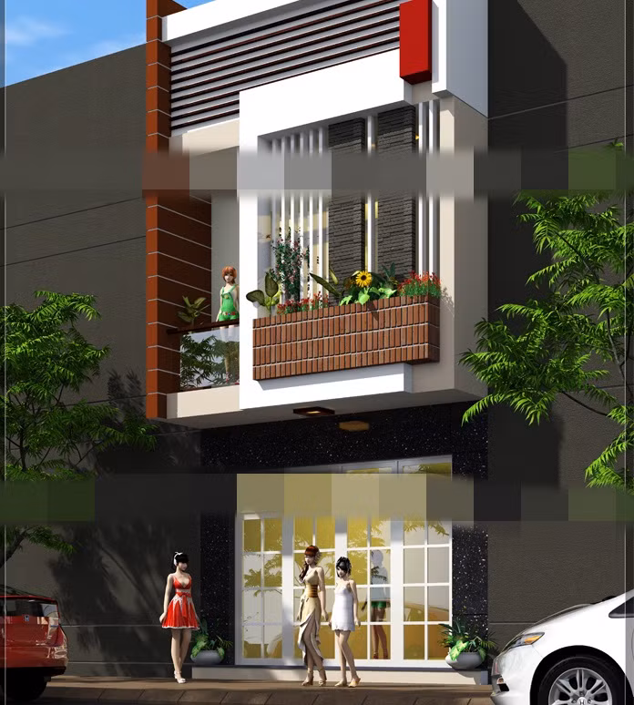 Nhà 2 tầng 3 phòng ngủ kết hợp nhiều màu sắc ấn tượng. Ảnh: Kienanvinh.