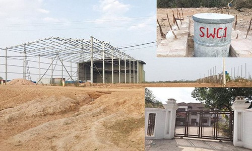 Đại công trường dang dở (ảnh lớn) Cổng trụ sở điều hành cửa đóng, then cài (ảnh nhỏ dưới) và các mũi khoan đã bít, lấp bằng bê tông (ảnh nhỏ trên).