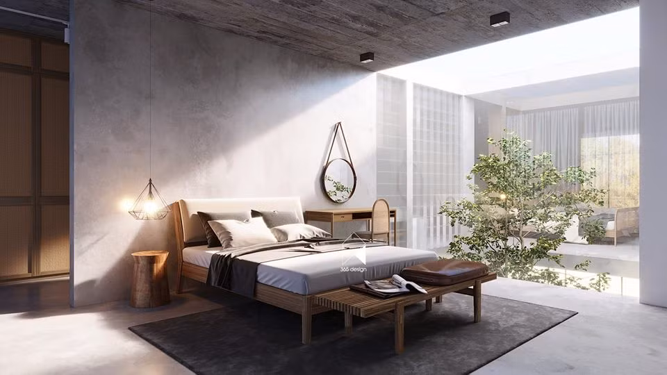 Giếng trời lấy ánh sáng ngăn cách hai phòng ngủ.